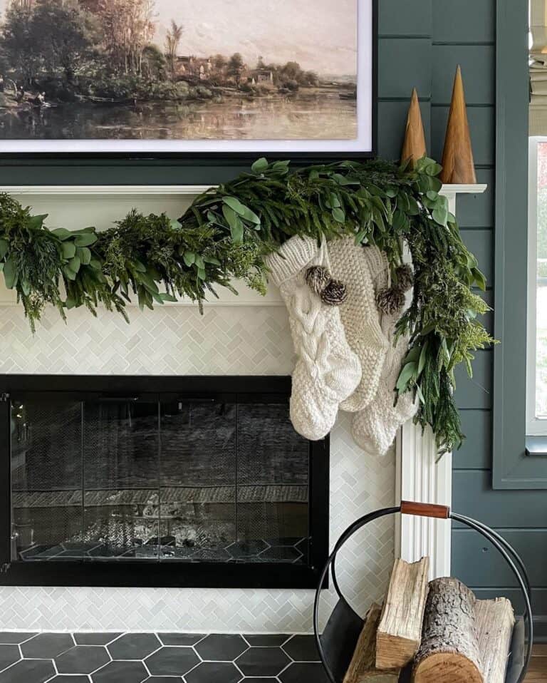 Gray Shiplap and White Knit Stockings