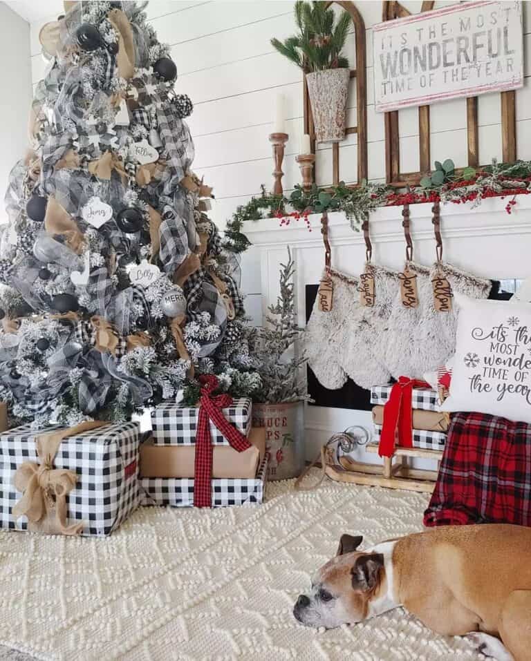 Gray Stockings Beside Christmas Tree With Ribbon