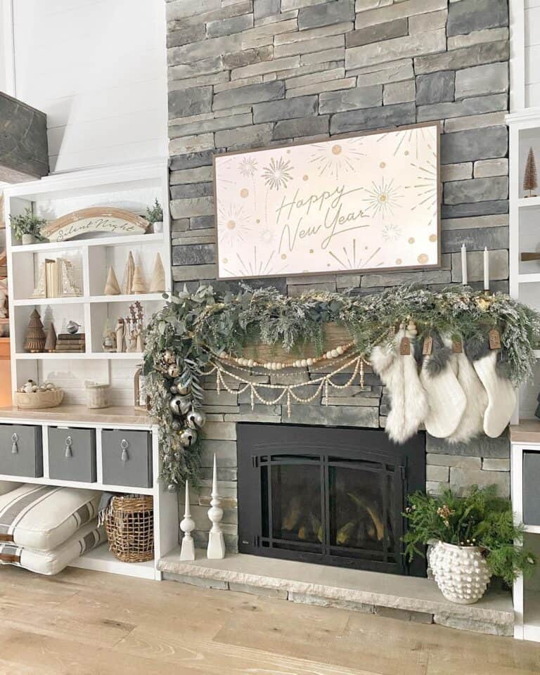Gray Stone Fireplace and White Stockings