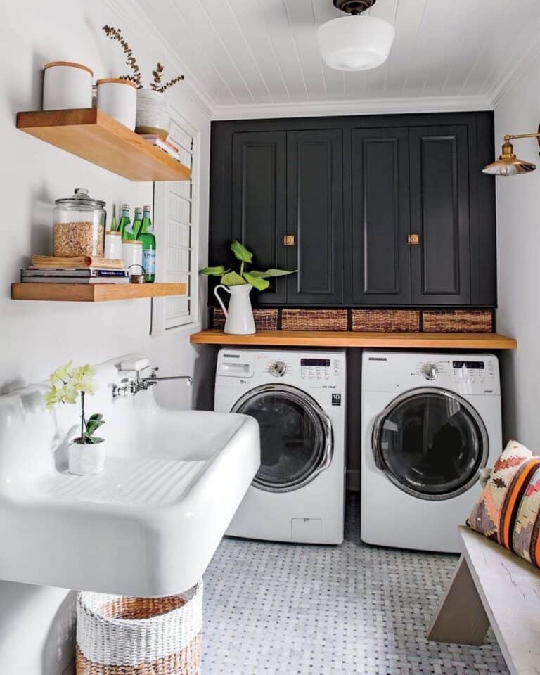 Gray Tile Flooring in Textured Laundry Room