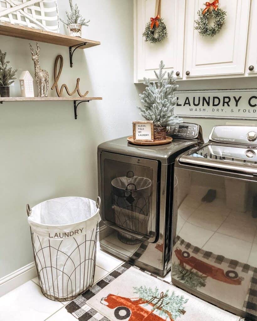 Gray Washer and Dryer with Laundry Room Rugs