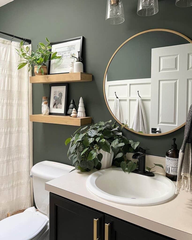 Green Bathroom Wall With Circular Mirror