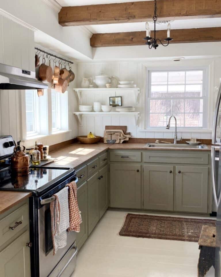 Green Cabinets in White Shiplap Kitchen