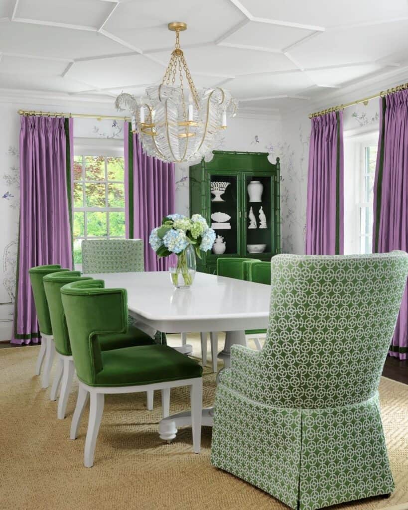 Green Hutch Dining Room with Chandelier