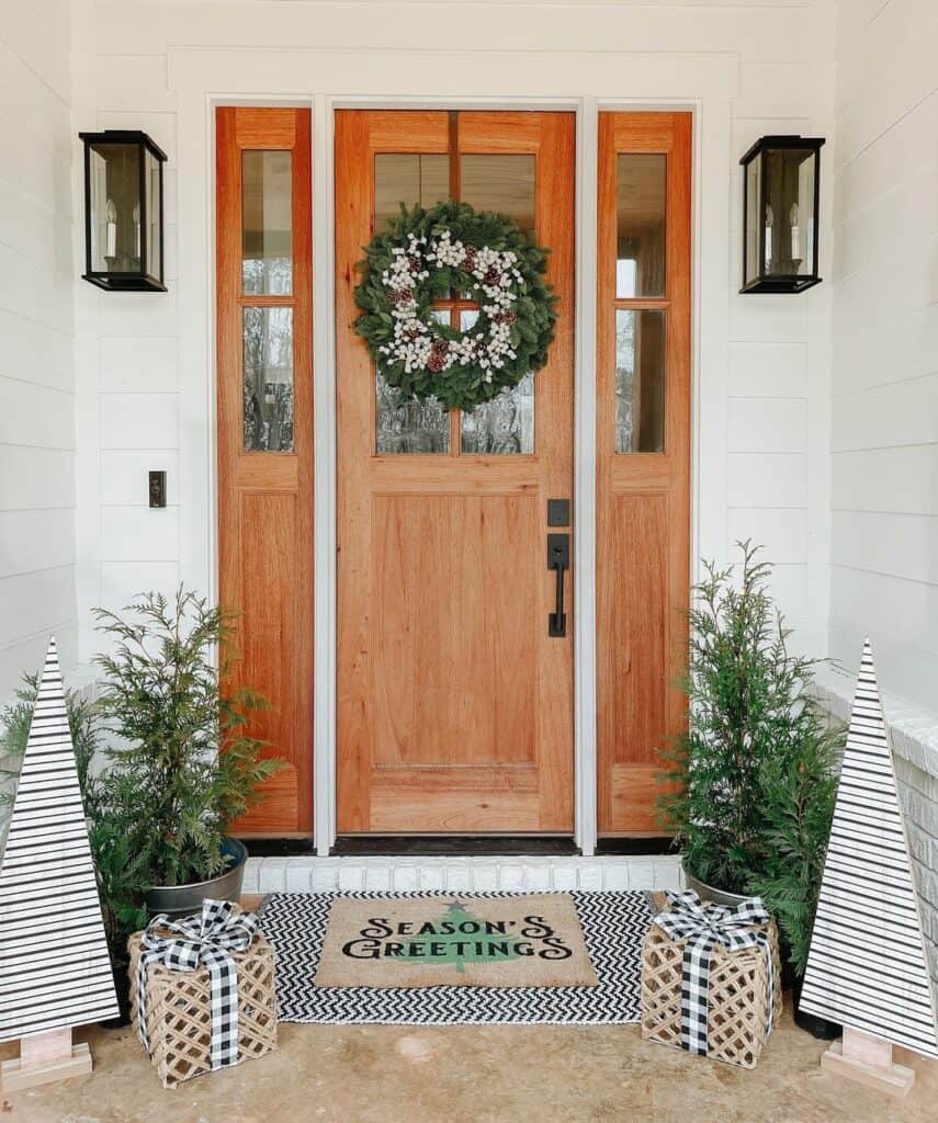 Green Wreath on Wood Front Door with Sidelights