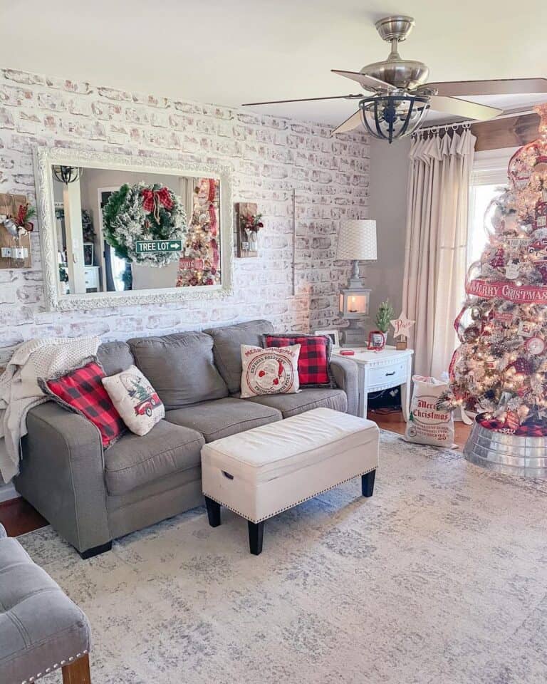 Grey Couch with Christmas Throw Pillows