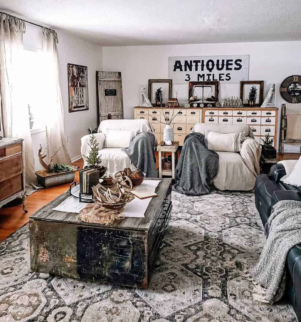 Grey Farmhouse Living Room with Rustic Coffee Table