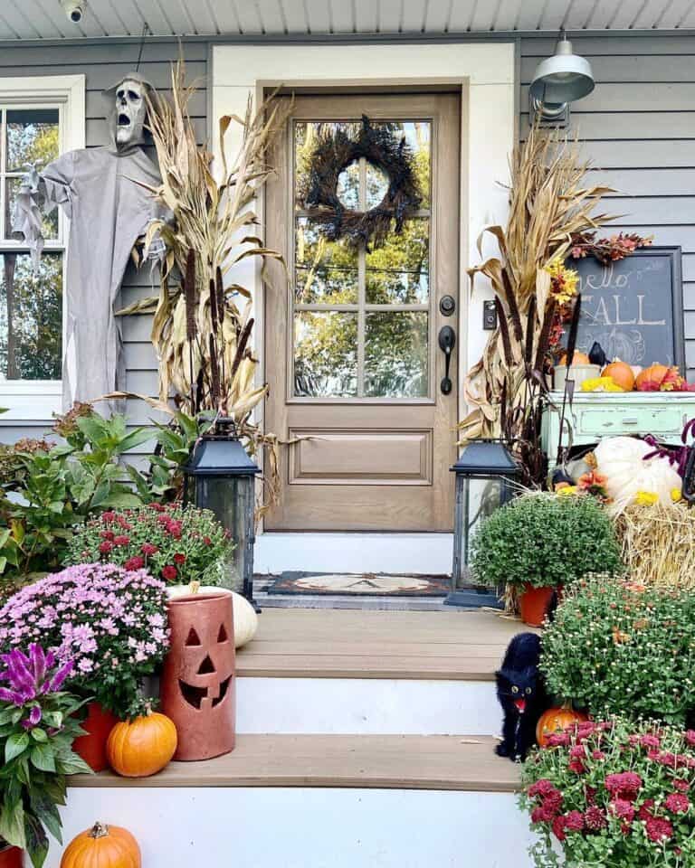 Grey House with Halloween and Fall Decor