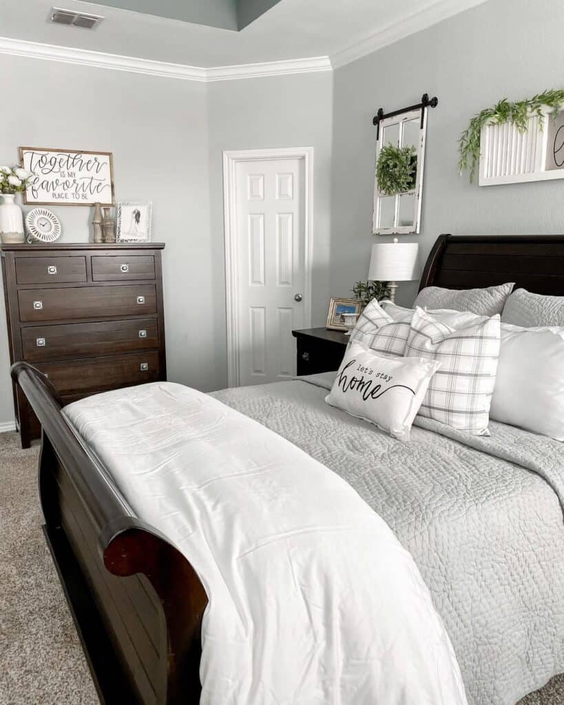Grey Painted Bedroom with White Time and Dark Wood Accents