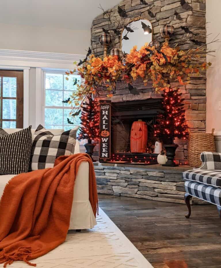 Halloween Decorations on Stone Fireplace Mantle