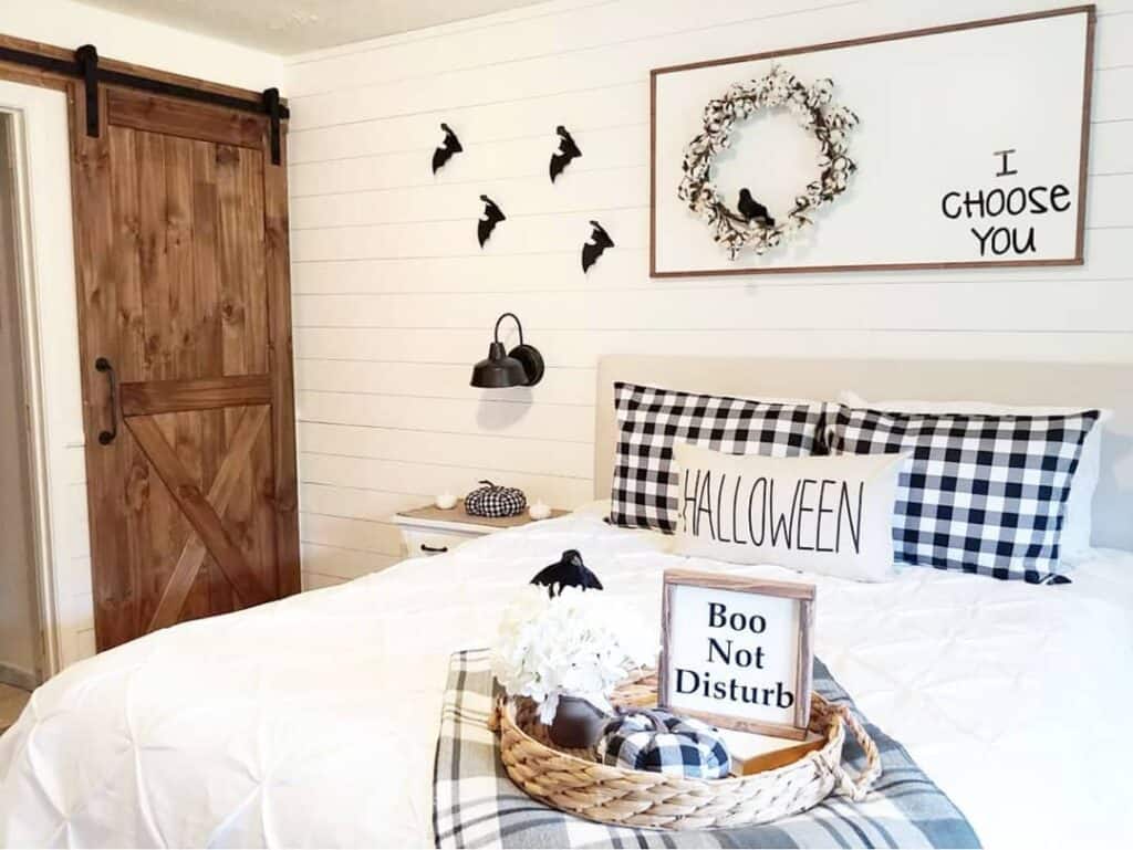 Hallowen Raven Decorations In a Farmhouse Bedroom