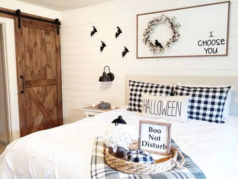 Hallowen Raven Decorations In a Farmhouse Bedroom
