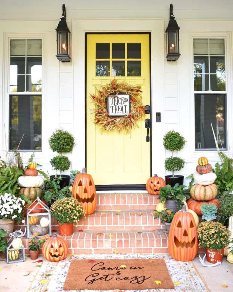 Jack-O-Lantern Decor and a Yellow Front Door