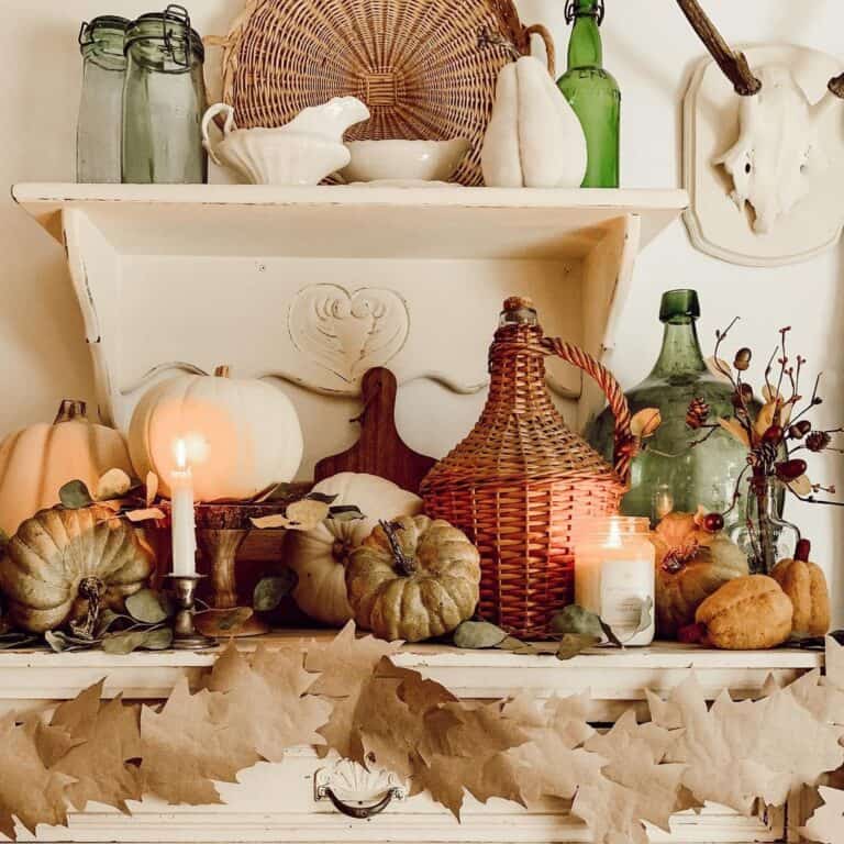 Kitchen Shelves with Vintage Fall Decor