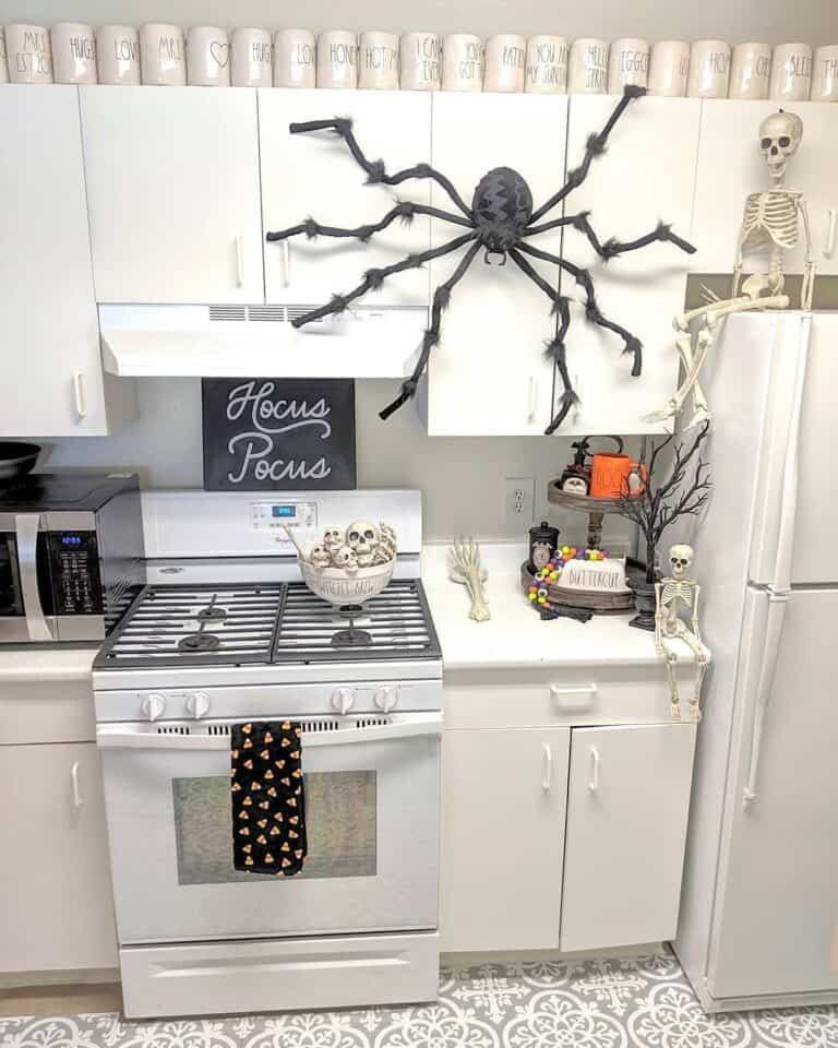 Kitchen With a Giant Spider Halloween Decoration