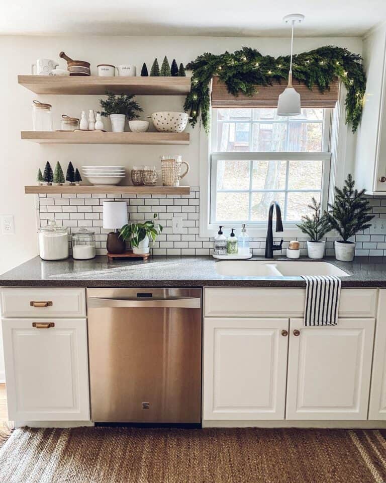 Kitchen with Light Wood Floating Shelves