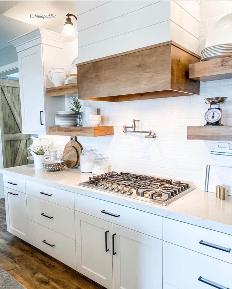 Kitchen with Stained Wood Floating Shelves