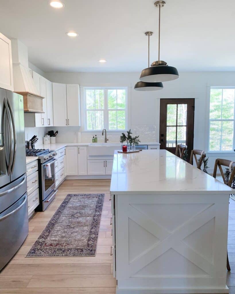 L Shaped Kitchen With Long Farmhouse Island