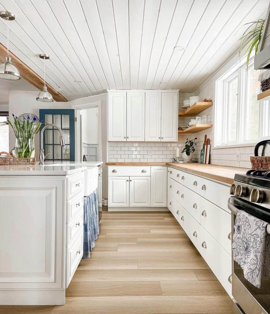 L-Shaped Wood Floating Shelves in White Kitchen