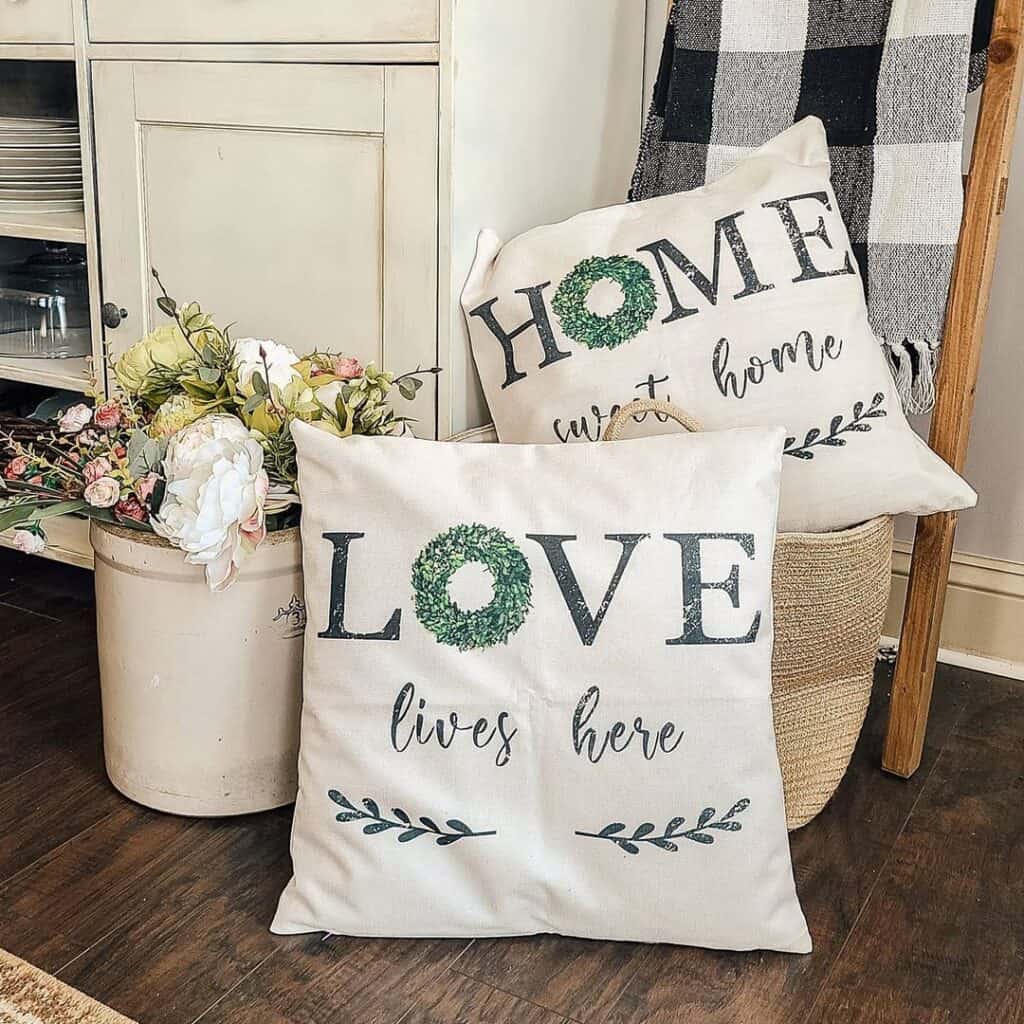Large Throw PIllows in Front of a Wood Ladder