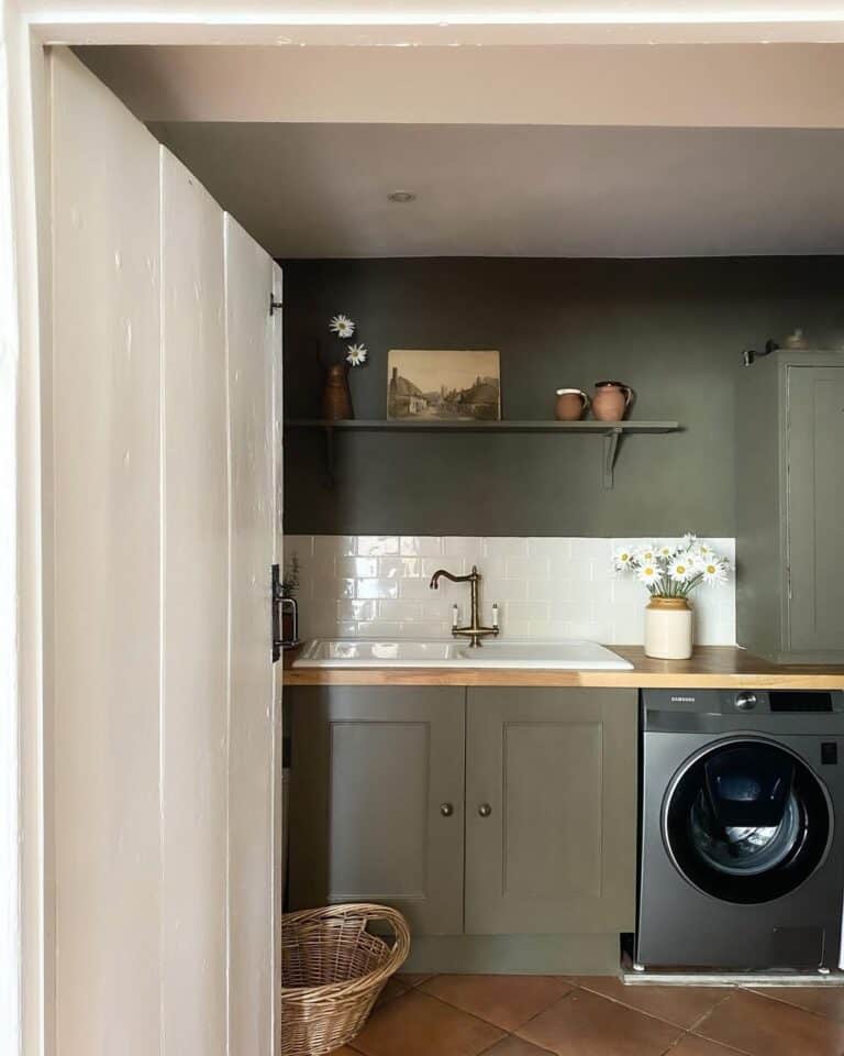Laundry Room with Muted Green Cabinets