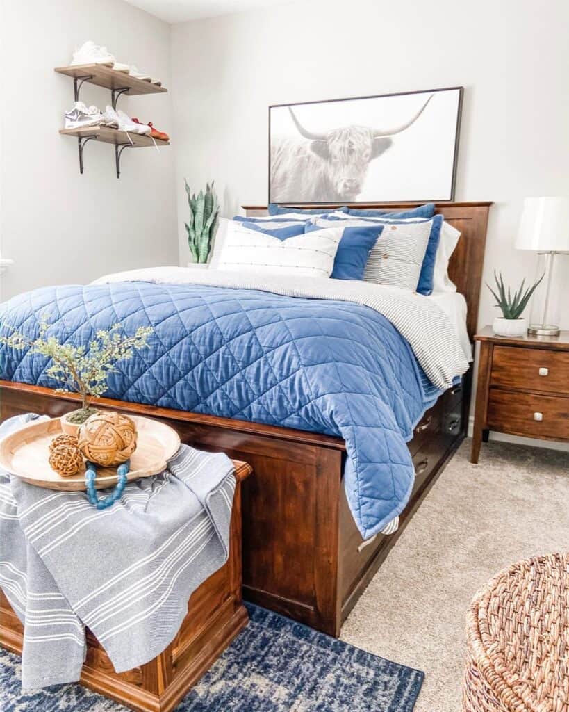 Light Blue Bedding and Wood Accents