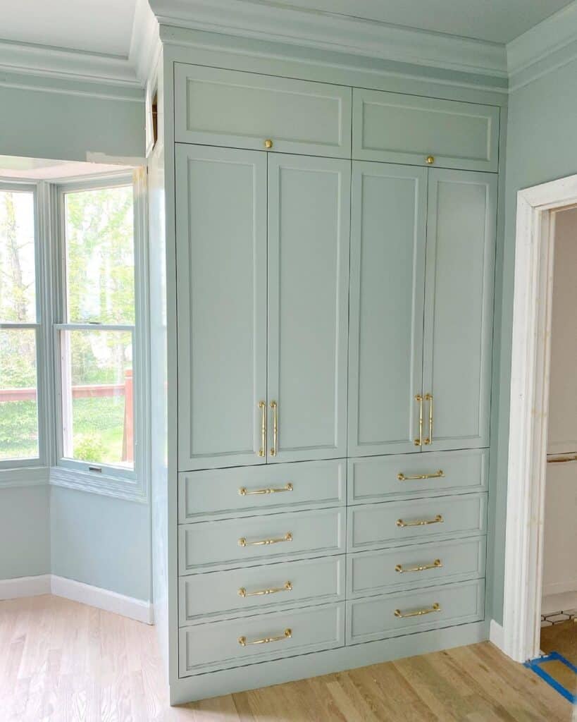 Light Blue Cabinets with Brass Vintage Drawer Pulls