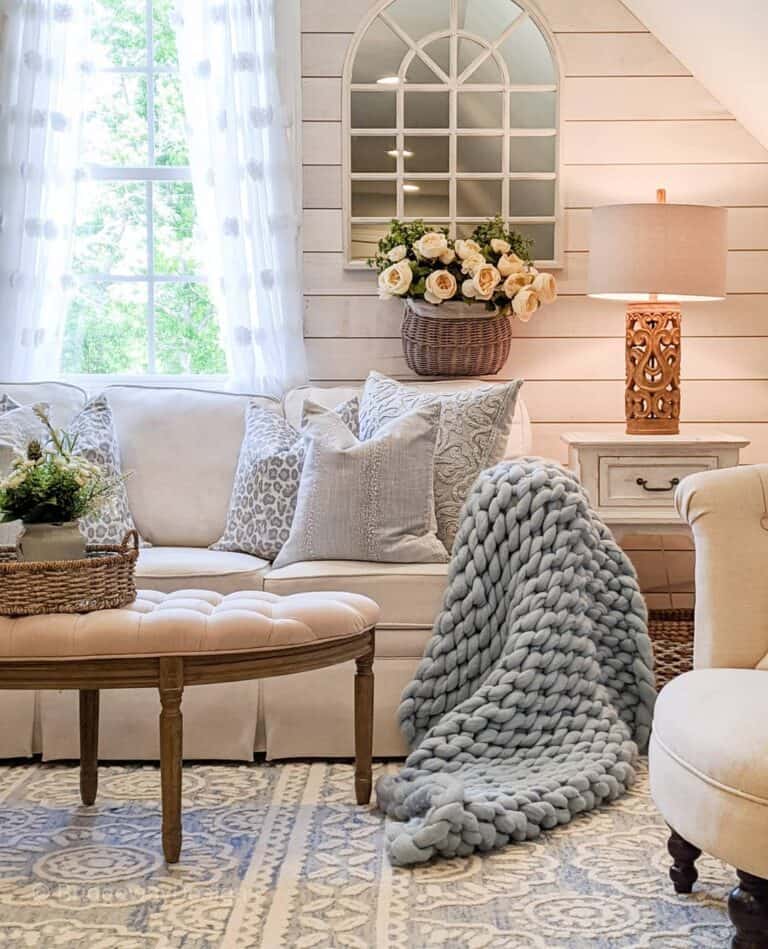 Light Blue Knit Throw Blanket on White Couch