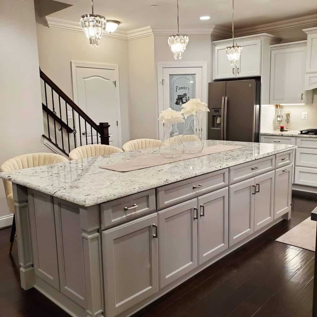 Light Gray Island with Glass Vase Centerpiece