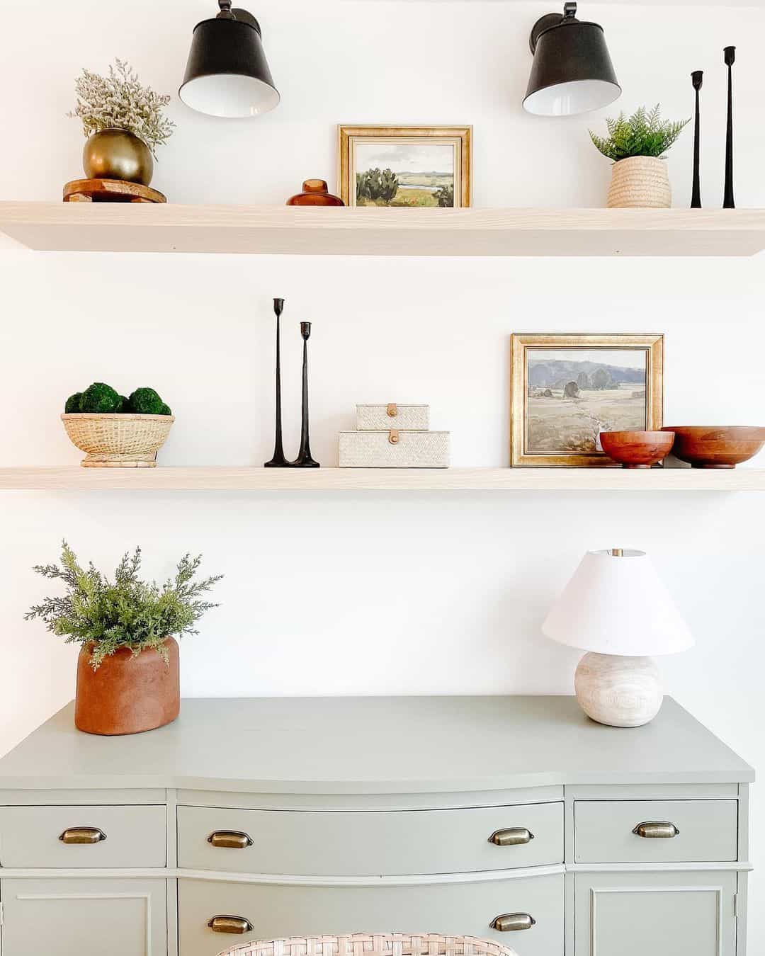 Light Wood Floating Shelves Above Grey Dresser - Soul & Lane