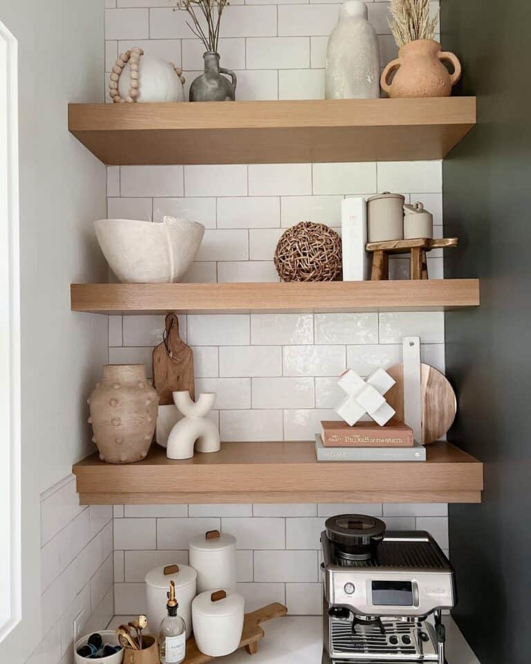 Light Wood Floating Shelves for Kitchen Corner