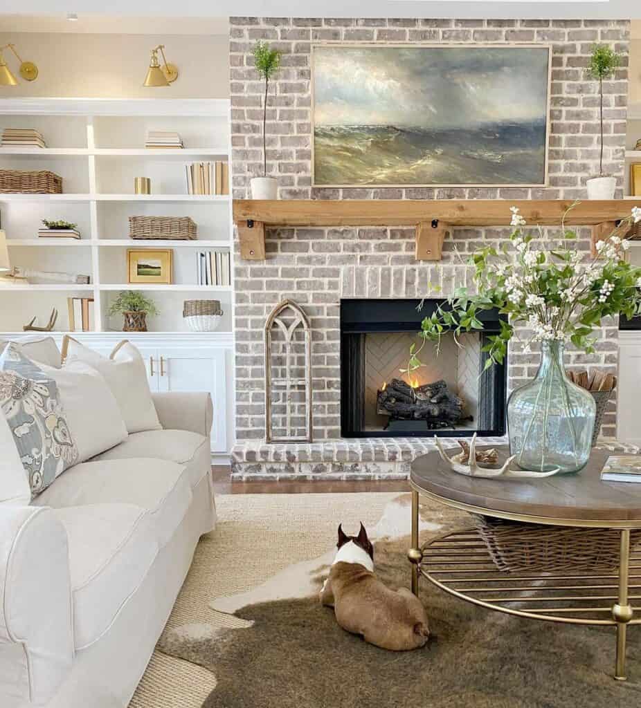 Limewash Brick Fireplace with Wood Mantel