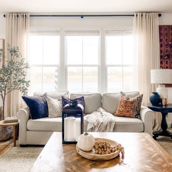 Living Room Farmhouse Windows with Beige Curtains - Soul & Lane