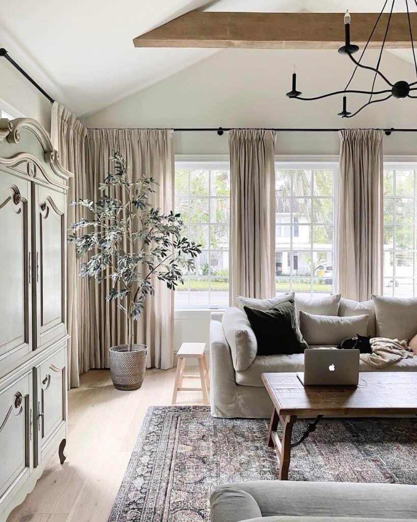 Living Room with Beige Farmhouse Curtains