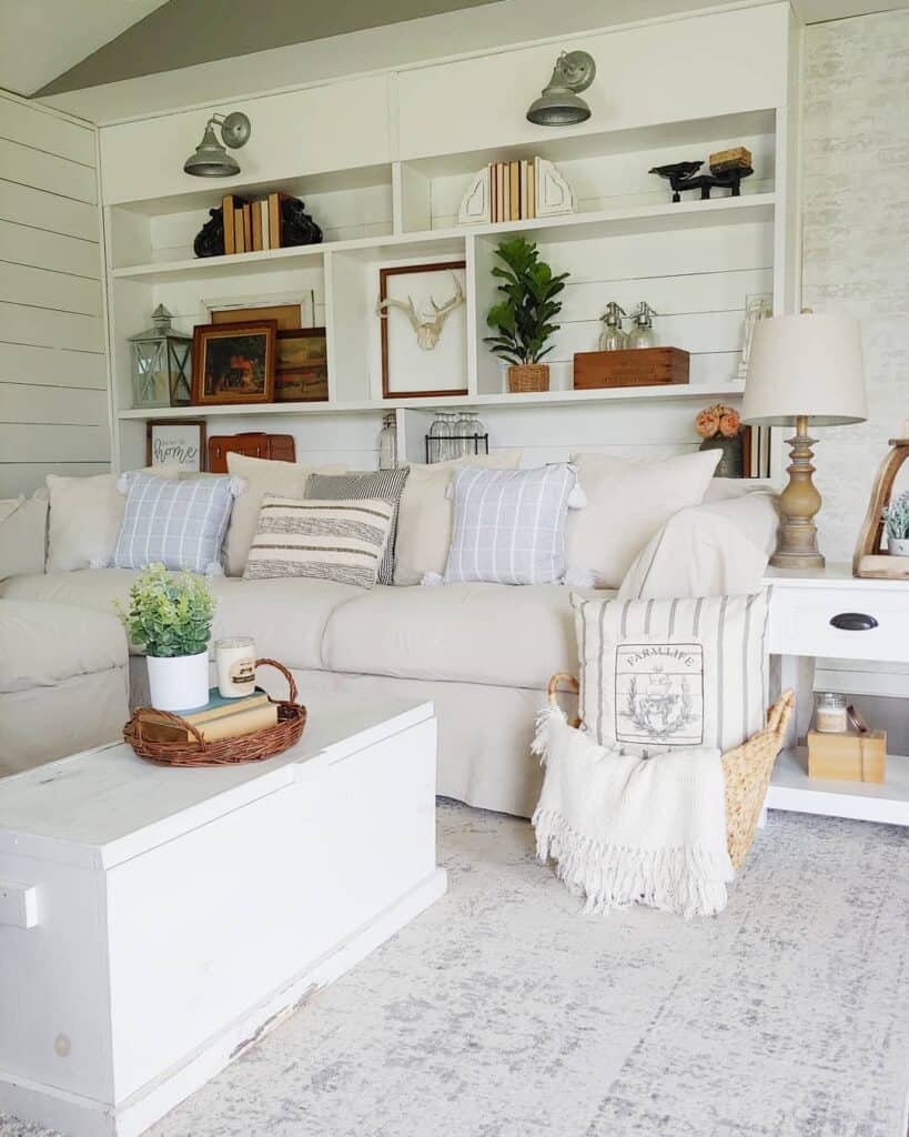 Living Room with Built-In Bookcase and Beige Couch