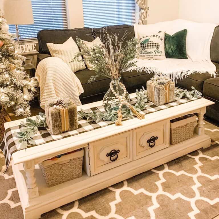 Living Room with Christmas Coffee Table Centerpieces