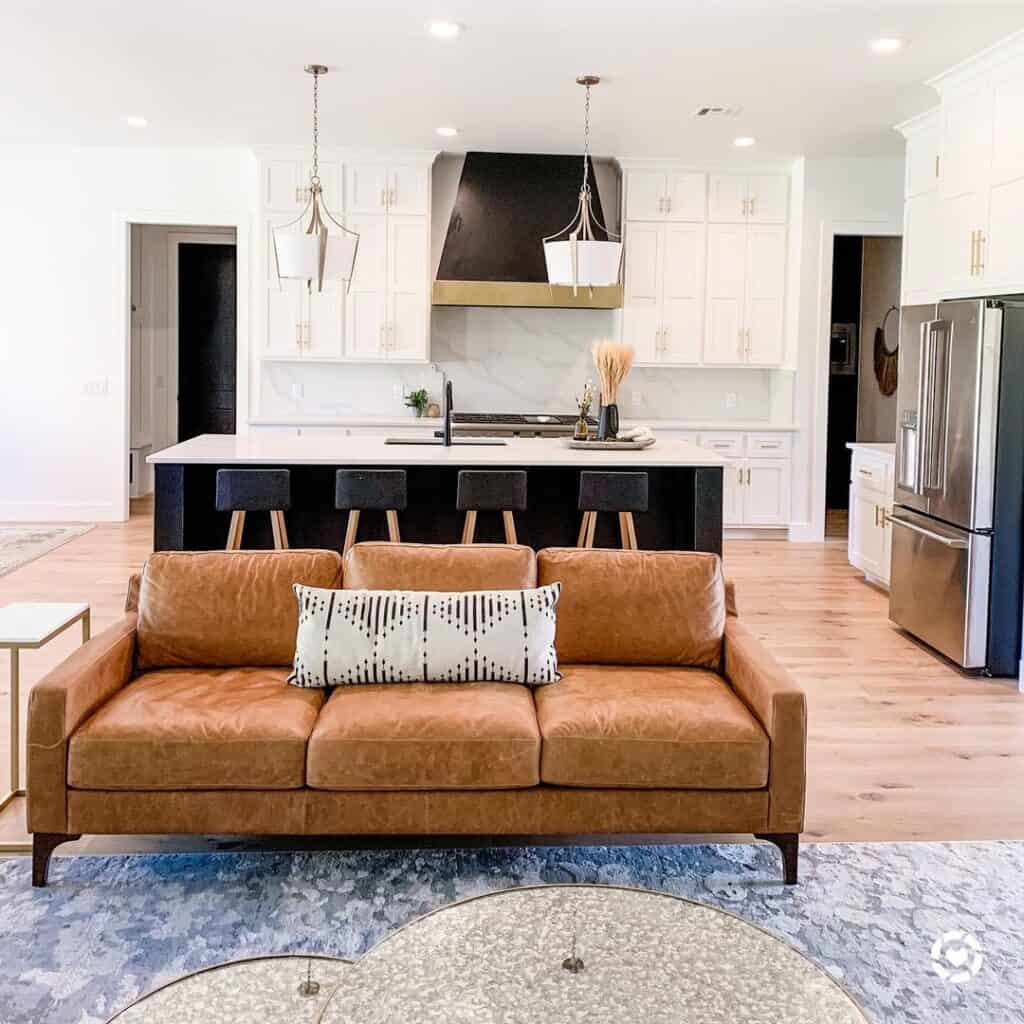 Living Room with Mid-Century Modern Brown Couch