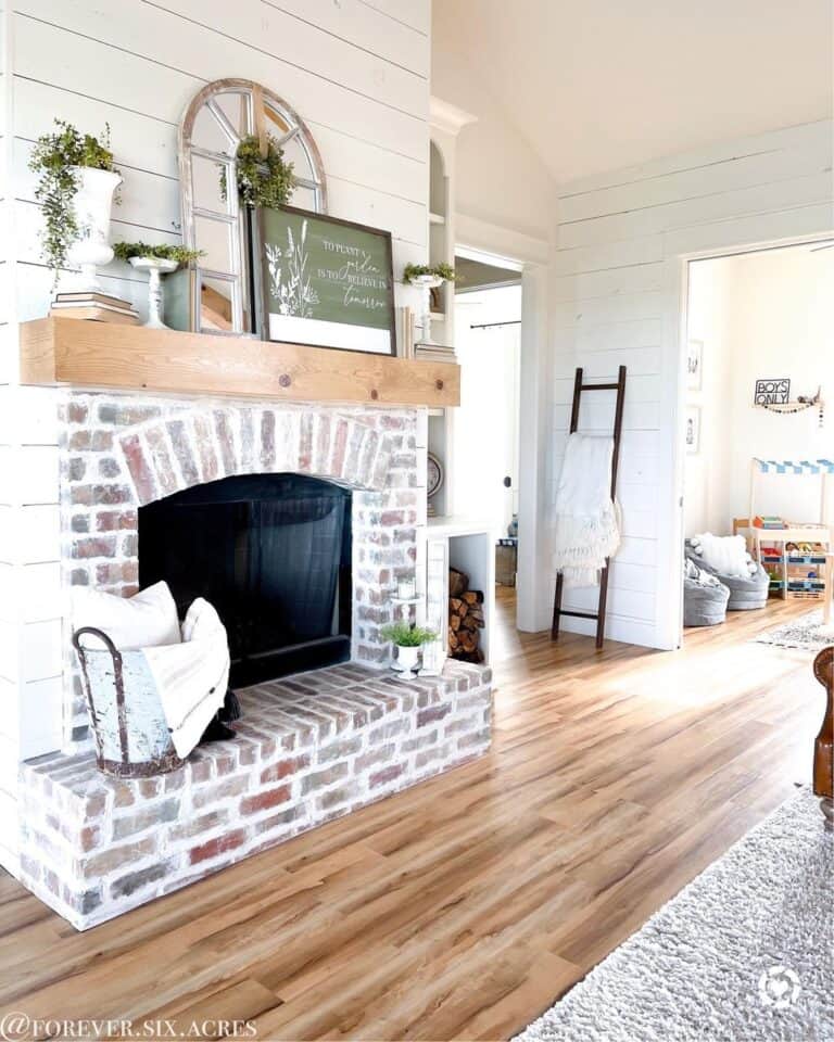 Living Room with White Chalk Paint Brick Fireplace
