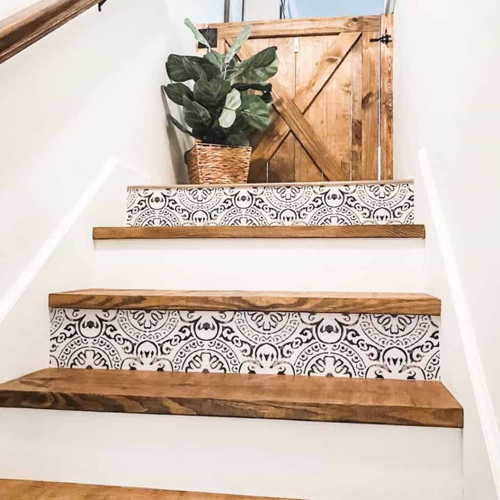 Natural Wood Staircase with Black and White Detailing