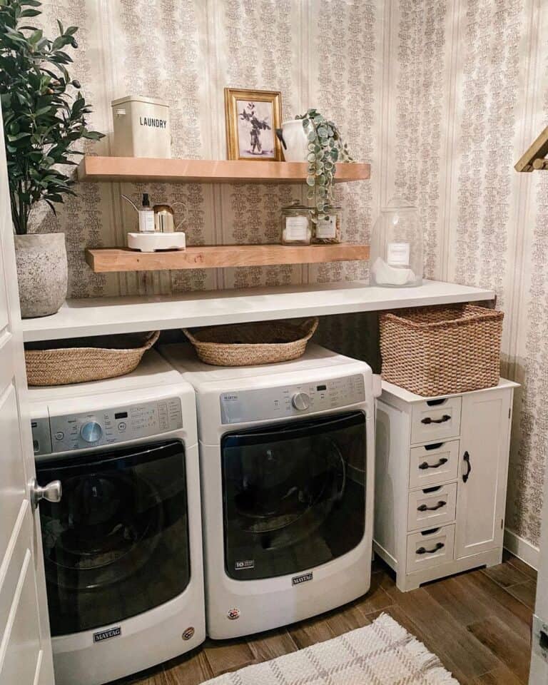 Neutral Walls and Laundry Room Floating Shelves