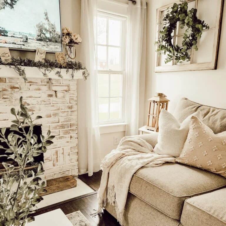 Off-White Throw Blanket on Beige Sofa