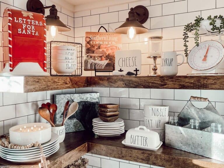 Offset Tiles and Dark Wood Corner Floating Shelves