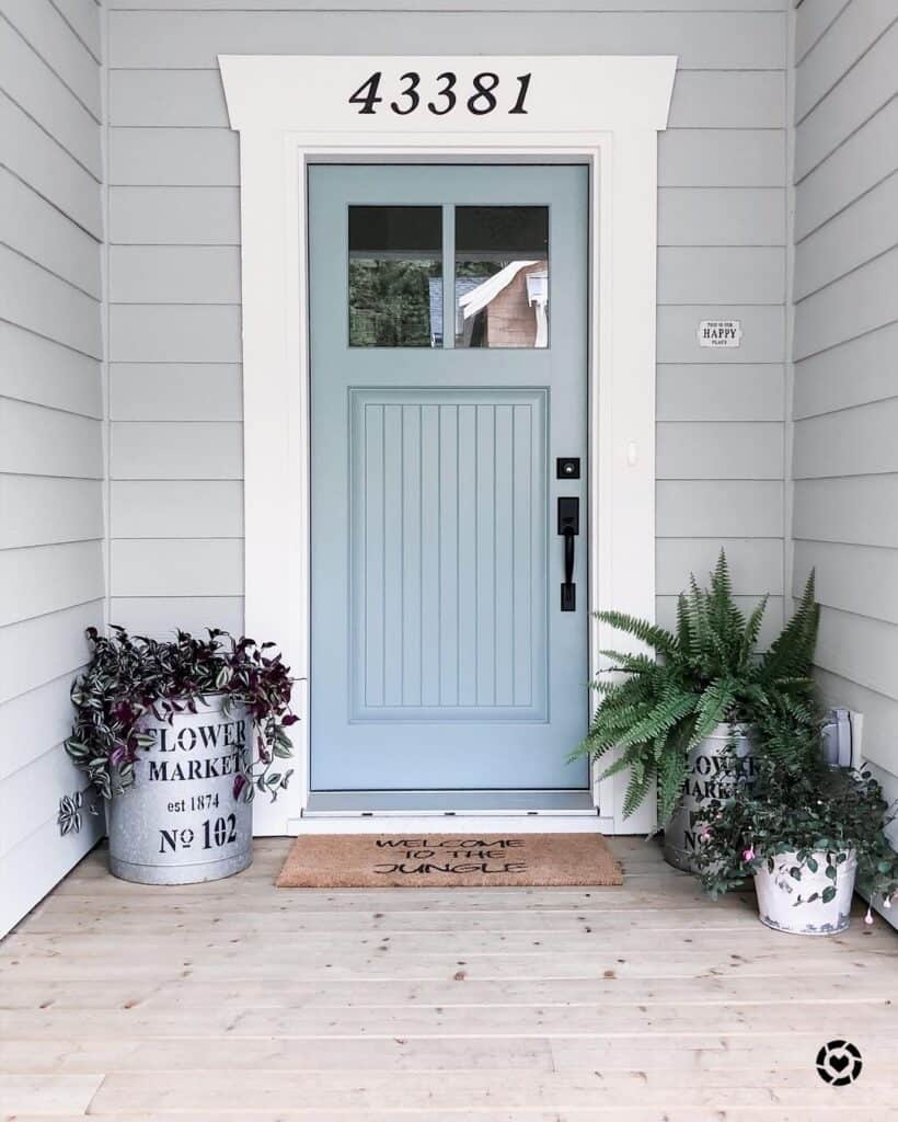 Outside Front Door Plants Next to Light Blue door