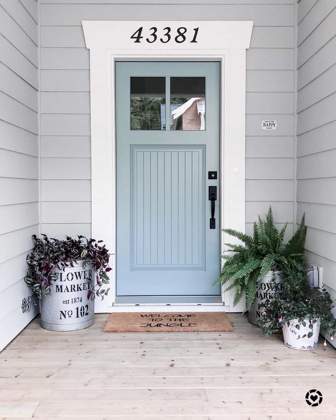 Outside Front Door Plants Next to Light Blue door Soul & Lane