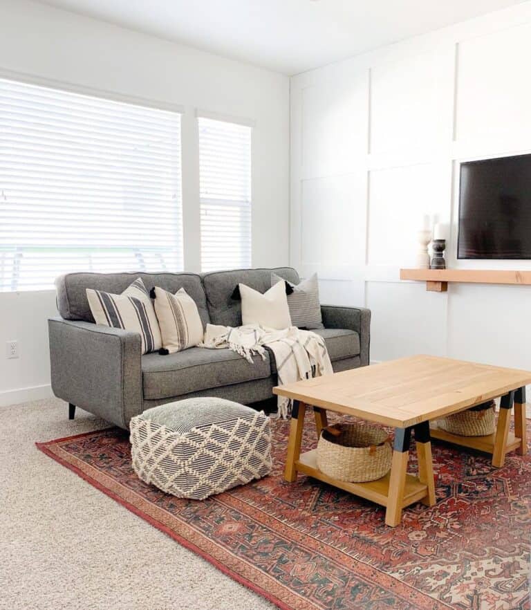 Patterned Rug in Neutral Living Room