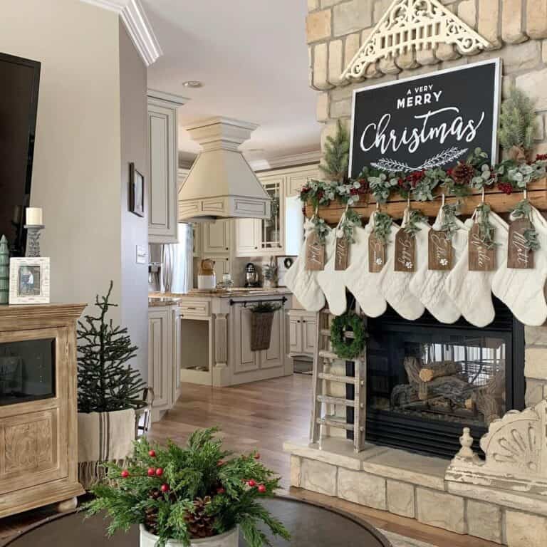 Personalized White Stockings on Stone Fireplace