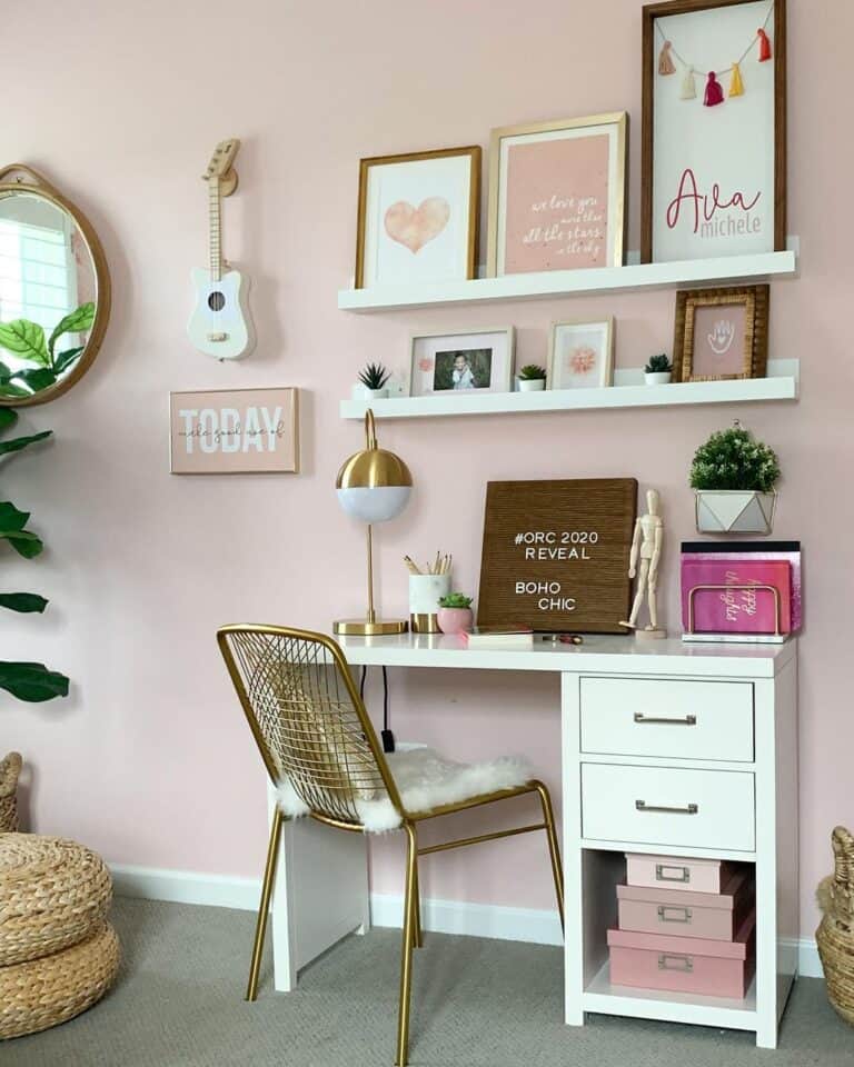 Pink Bedroom with Gold Accents and Desk
