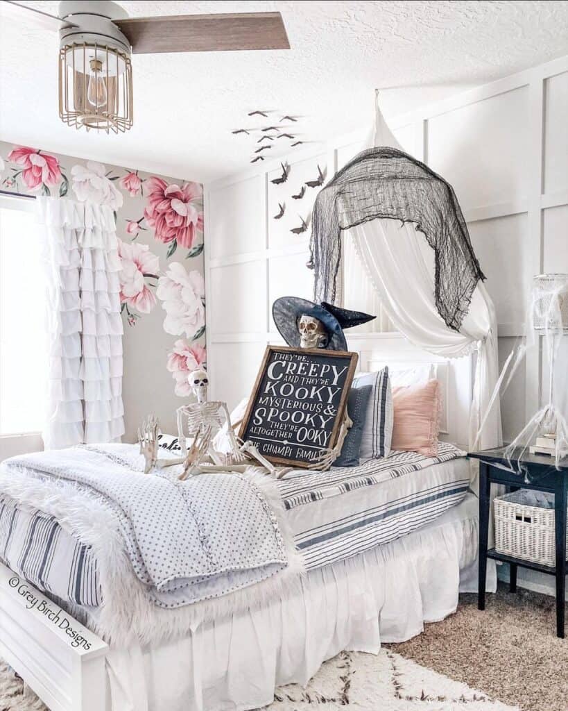 Pink Floral Bedroom with Skeleton Decoration