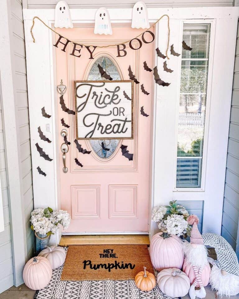 Pink Front Door with Halloween Decor