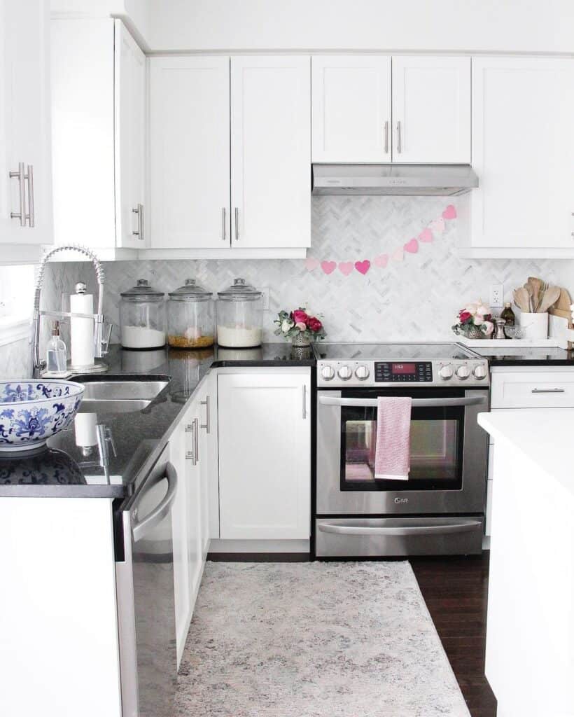 Pink Hearts in Black and White Kitchen
